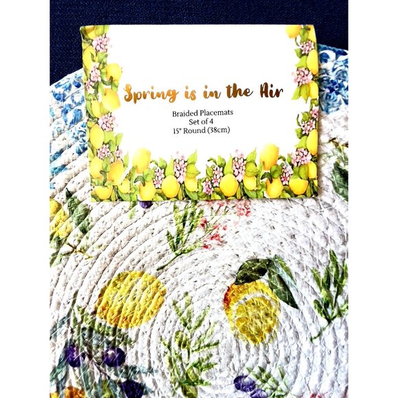 4 pc LEMONS Braided Placemat Set 15” Rnd Blue Edge Yellow Plum Flowers Easy Care - Picture 2 of 6